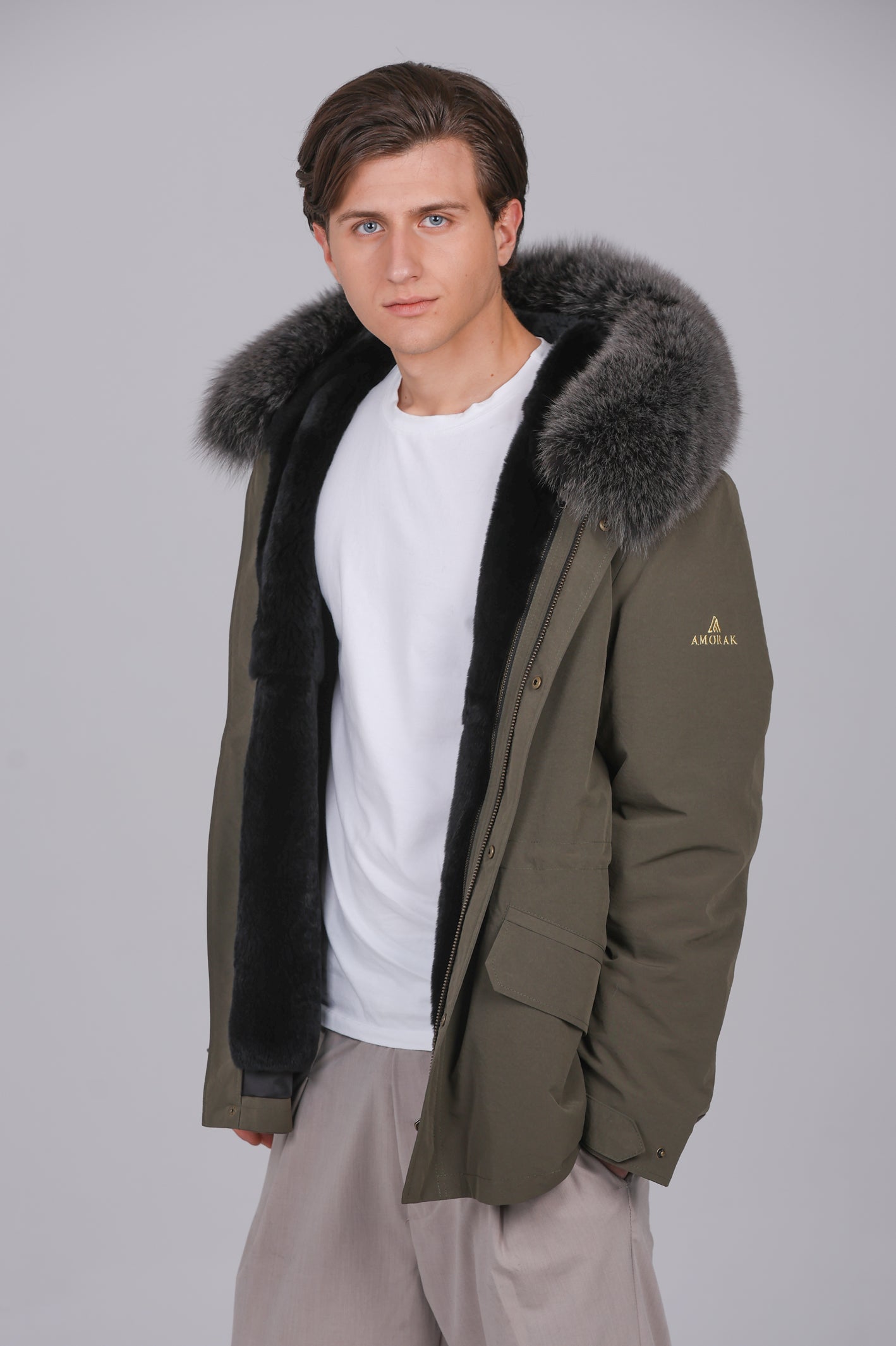 Short parka in waterproof fox and rex rabbit cotton blend