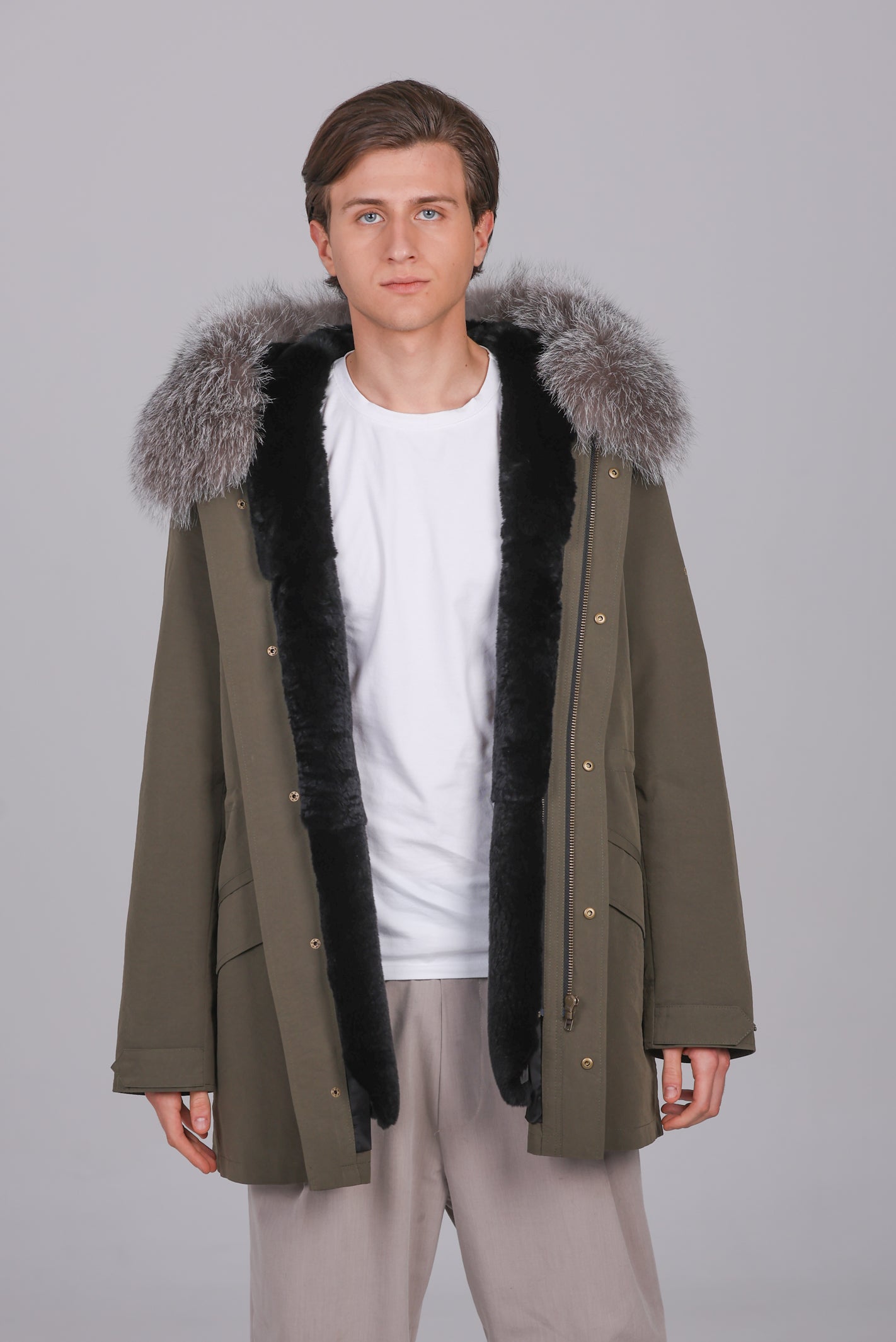 Long parka in waterproof cotton blend with frost fox and rex rabbit